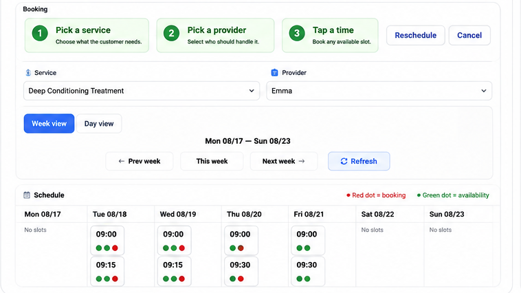 NextEraAI booking workflow showing service, provider, and schedule controls